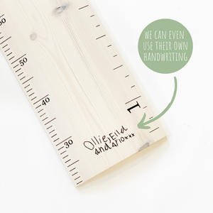 Wooden ruler height chart personalised using children's handwriting spelling their own names